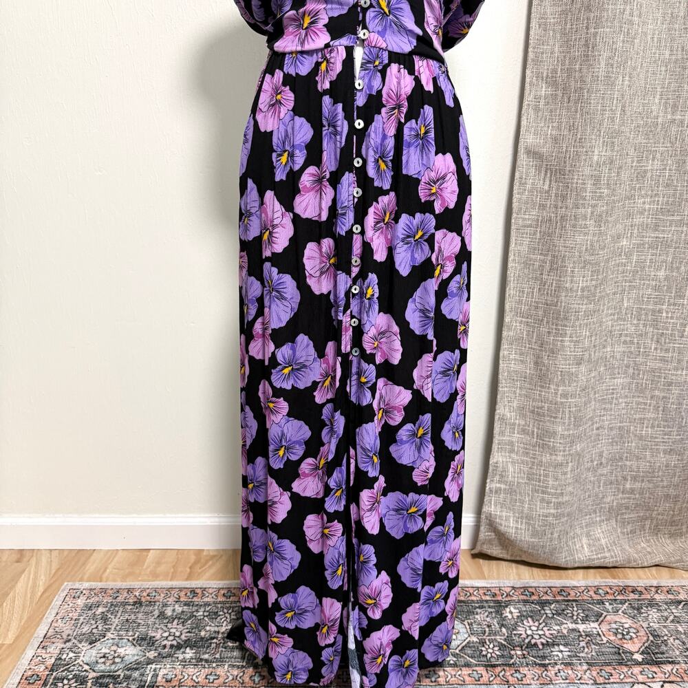 Ava Sky Hawaii Womens Floral Maxi Dress L Black Purple Deep V-Neck Front Slit - Picture 6 of 12